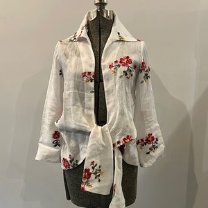 100% Linen Floral Embroidered White Tie-Front Blouse